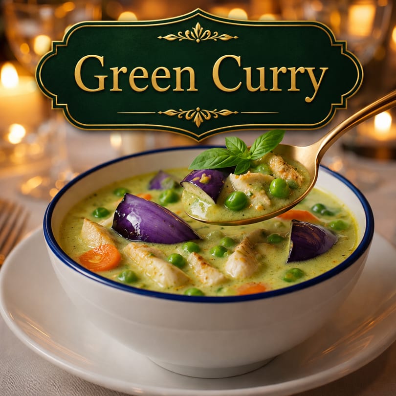 A bowl of green curry with chicken, peas, carrots, and purple eggplant, with a spoon lifting some curry.