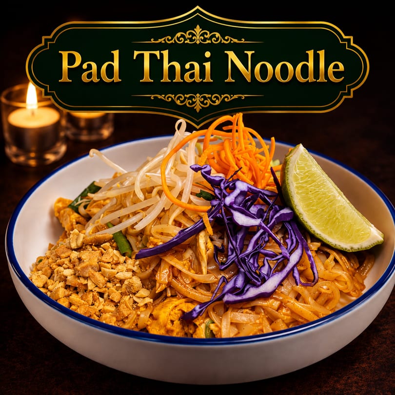 Pad Thai noodles with peanuts, bean sprouts, carrots, red cabbage, and a lime wedge.