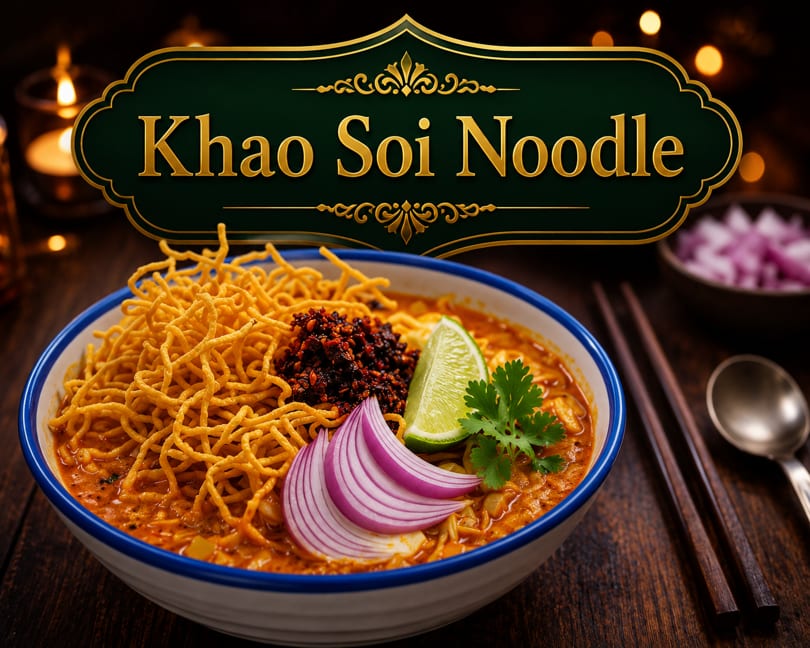 A bowl of Khao Soi noodles with crispy noodles, lime, red onion, and chili paste.