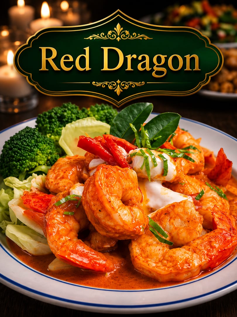 Red Dragon restaurant logo above a plate of shrimp in red sauce with broccoli and lettuce.