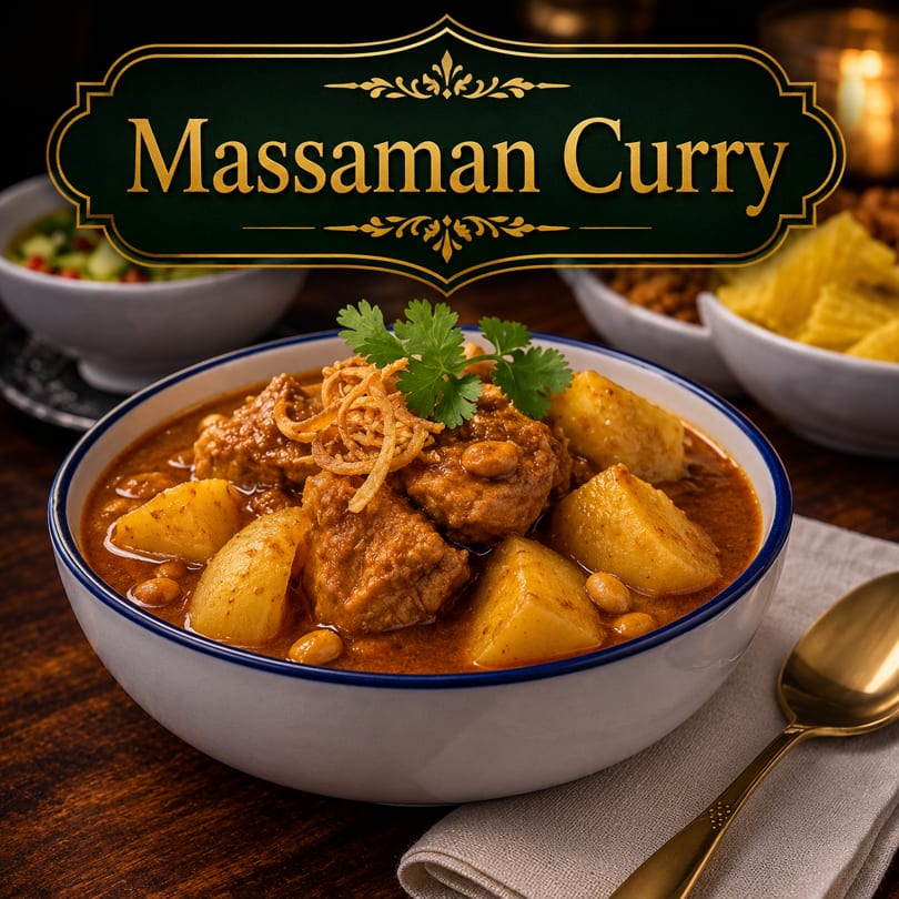 Massaman curry with chicken, potatoes, peanuts, and fried shallots, garnished with cilantro.