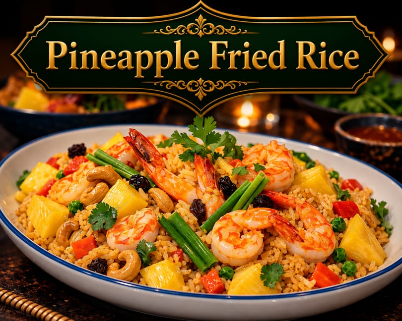 Pineapple fried rice with shrimp, cashews, vegetables, and cilantro in a white bowl.