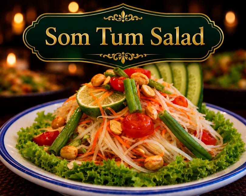 Som Tum Salad with shredded papaya, tomatoes, green beans, peanuts, and lime on lettuce.
