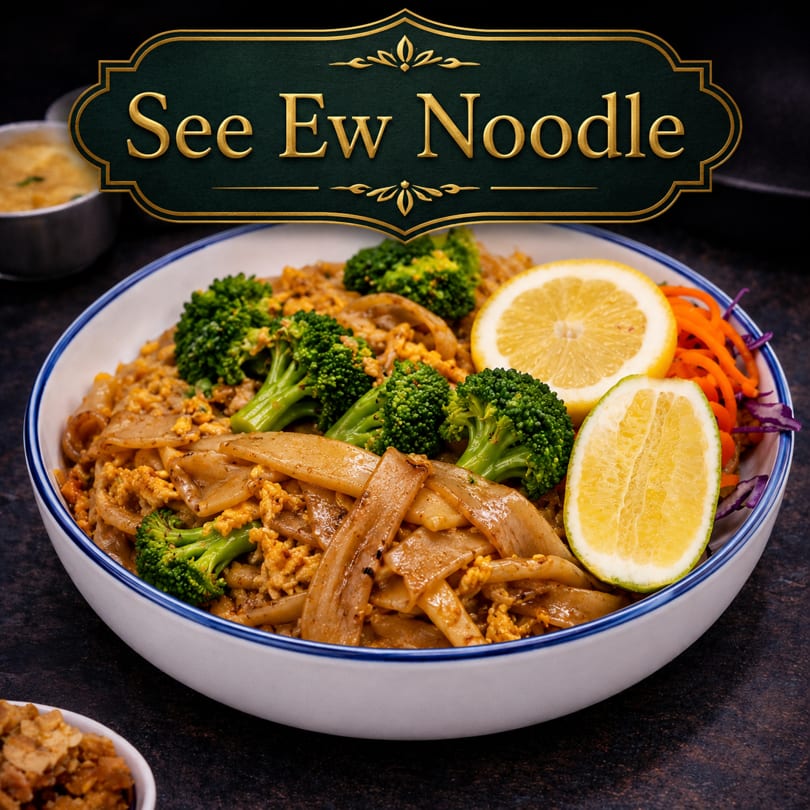 A bowl of See Ew Noodle with broccoli, scrambled egg, lemon, and shredded carrots.