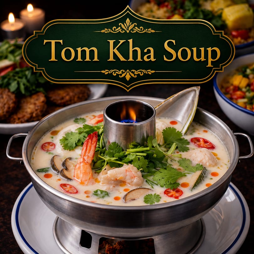 Tom Kha Soup in a metal hot pot with shrimp, mushrooms, and cilantro, with candles in the background.