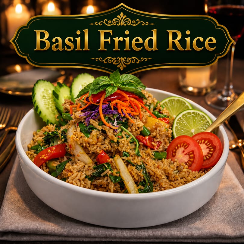 A bowl of Basil Fried Rice with vegetables, lime, and tomatoes, against a candlelit background.
