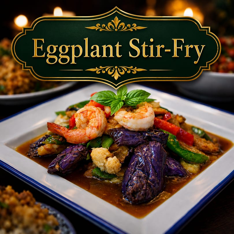 Eggplant stir-fry with shrimp, vegetables, and basil in a rich sauce on a white plate.
