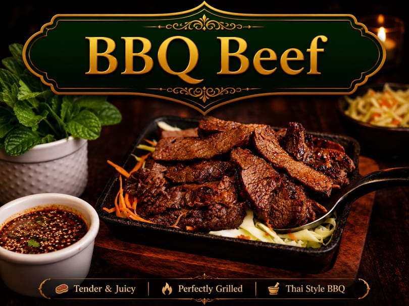 Sizzling Thai BBQ beef in a cast iron pan with dipping sauce and mint.