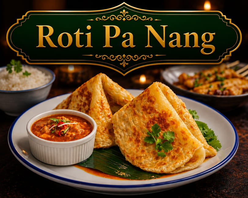 Roti Pa Nang with curry sauce, rice, and another dish in a warm, inviting setting.