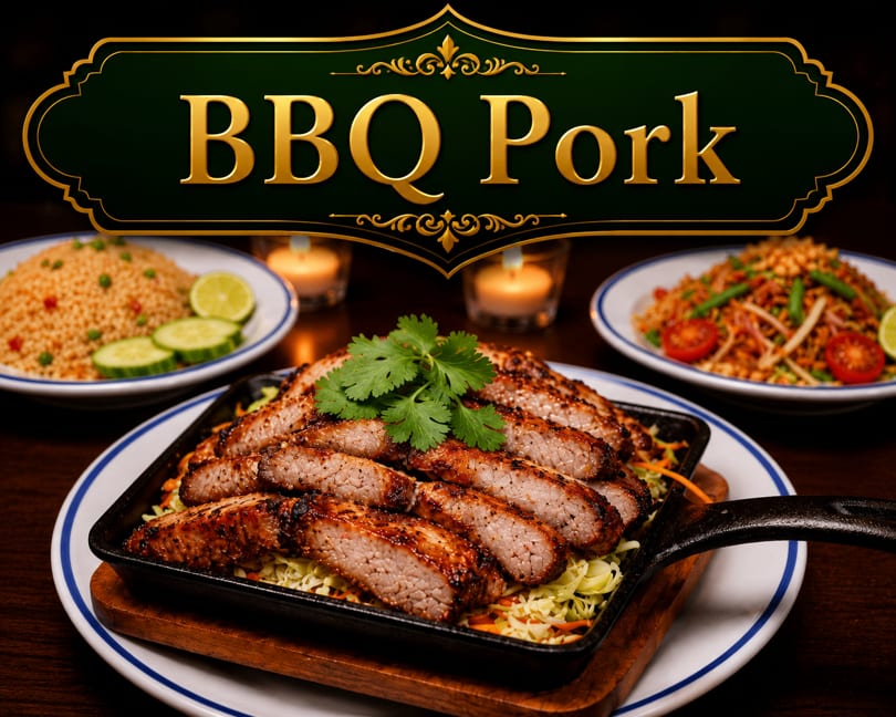 Sliced BBQ pork with cilantro on a bed of cabbage, with rice and noodles in the background.