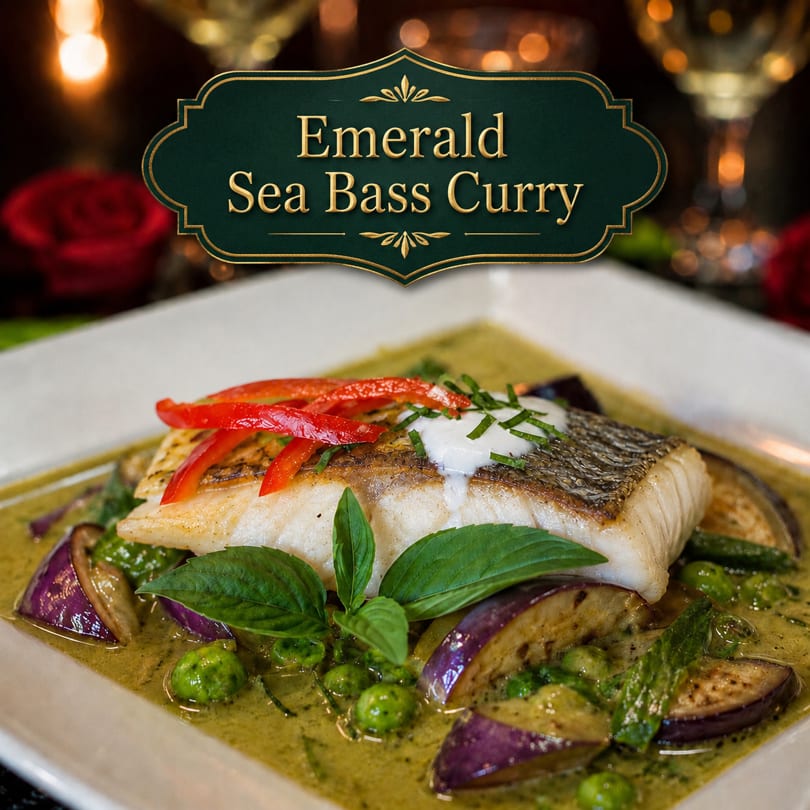 Emerald Sea Bass Curry with red peppers, eggplant, and basil in a green sauce.