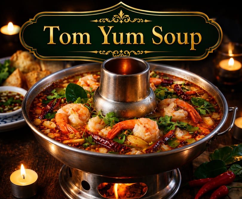 Tom Yum Soup with shrimp and herbs in a hot pot, surrounded by lit candles.