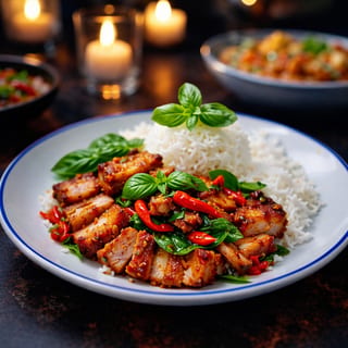 L- Thai holy basil Crispy Pork + Rice 🌶️ (NEW)